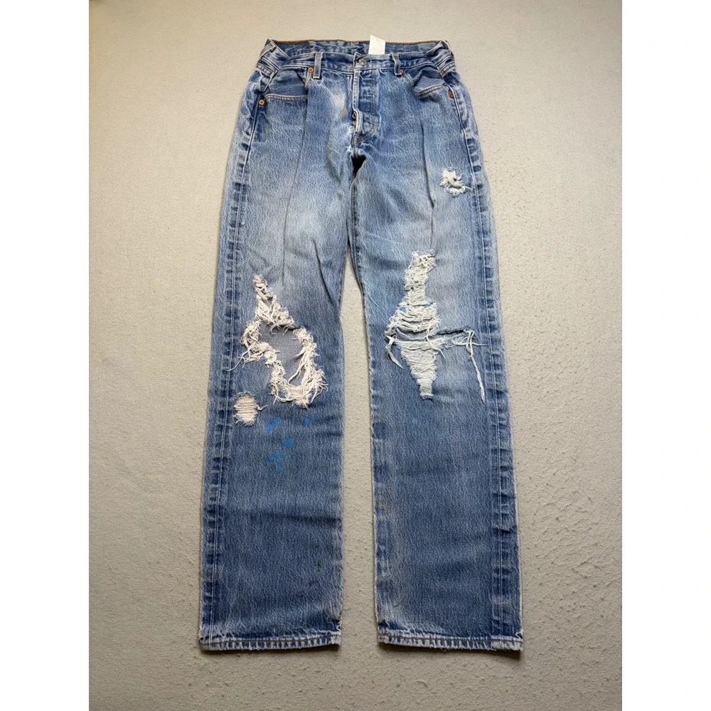 Levi's 501 XX Jeans Women 26x31 Light Wash Blue Distressed Ripped Straight Leg